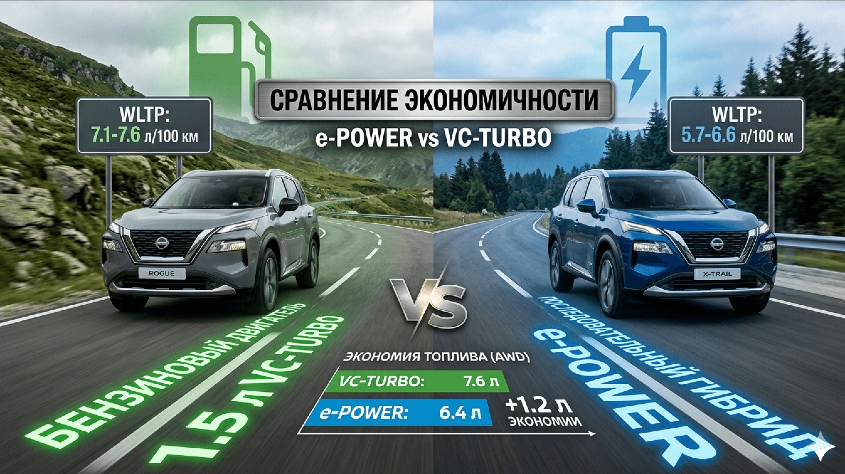 VC-Turbo против e-POWER: сравнение расхода топлива Nissan Rogue и X-Trail